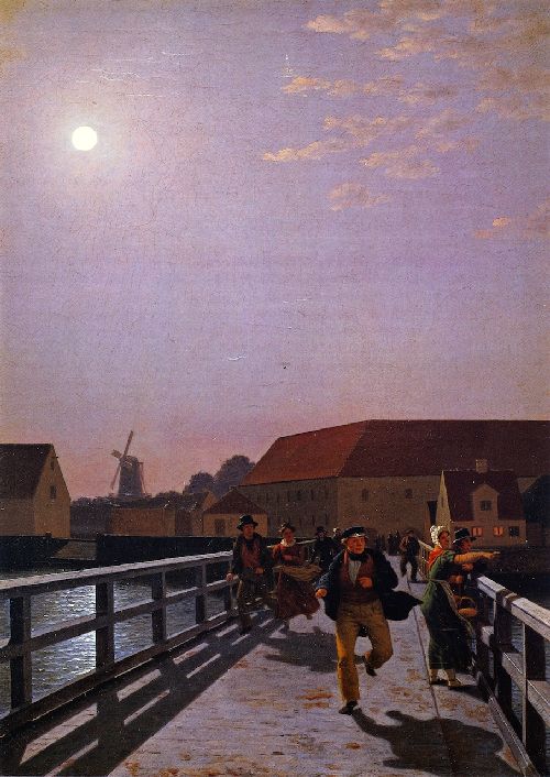 Long Bridge Copenhagen in the Moonlight by Christoffer Wilhelm Eckersberg, hand-painted oil reproduction