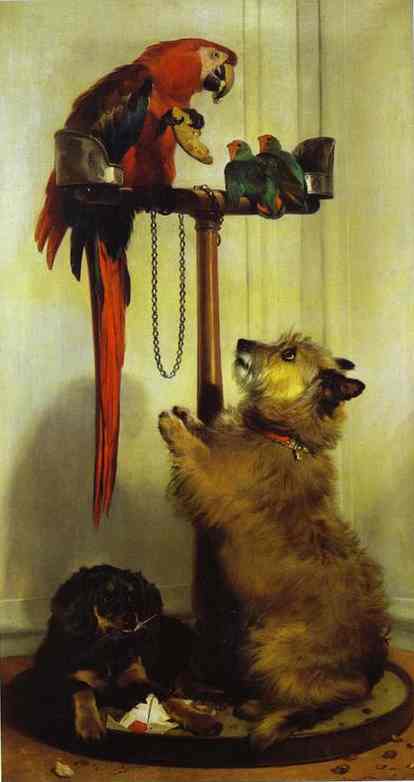 Macaw, Love Birds, Terrier, And Spaniel Puppies, Belonging To Her Majesty by Sir Edwin Landseer, hand-painted oil reproduction
