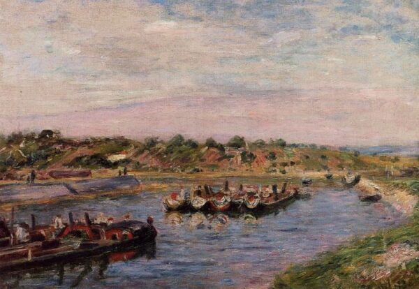 Idle Barges on the Loing Canal at Saint-Mammes by Alfred Sisley, hand-painted oil painting reproduction
