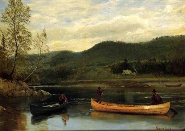Man in Two Canoes by Albert Bierstadt, hand-painted oil painting reproduction