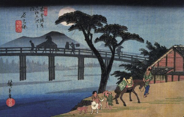 Man on Horseback Crossing a Bridge by Ando Hiroshige, hand-painted oil painting reproduction