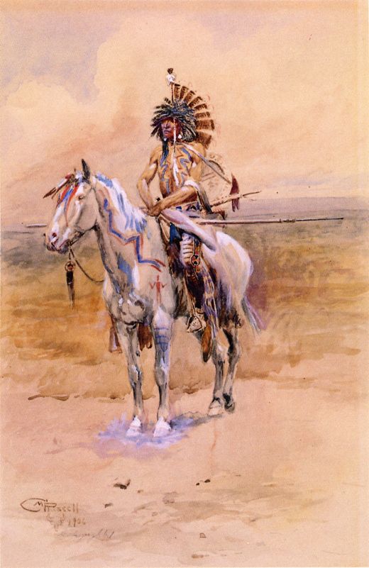 Mandan Warrior by Charles Marion Russell, hand-painted oil reproduction