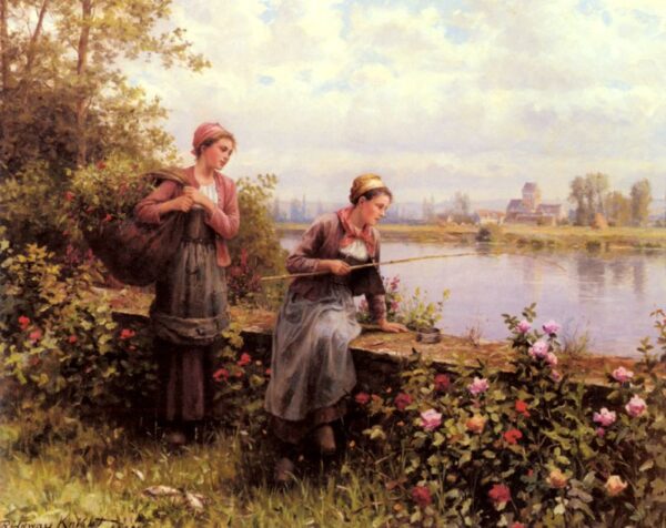 Maria And Madeleine Fishing by Daniel Ridgway Knight, hand-painted oil painting reproduction