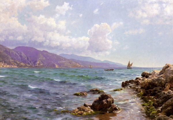Fishing Boats on the Water, Cap Martin by Peder Mørk Mønsted, hand-painted oil painting reproduction
