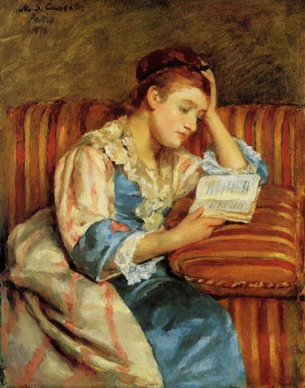 Mrs Duffee Seated on a Striped Sofa Reading by Mary Cassatt, hand-painted oil painting reproduction