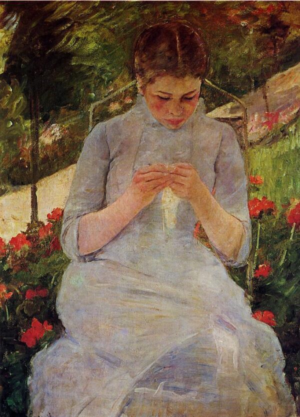 Young Woman Sewing in a Garden by Mary Cassatt, hand-painted oil painting reproduction