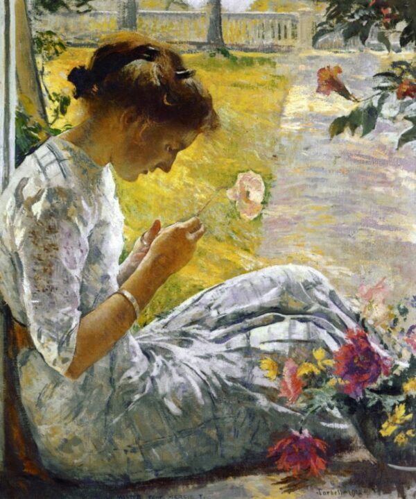 Mercie Cutting Flowers by Edmund Tarbell, hand-painted oil painting reproduction