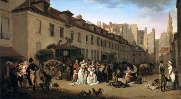The Arrival of a Stagecoach in the Courtyard of the Messageries by Louis Leopold Boilly, hand-painted oil painting reproduction