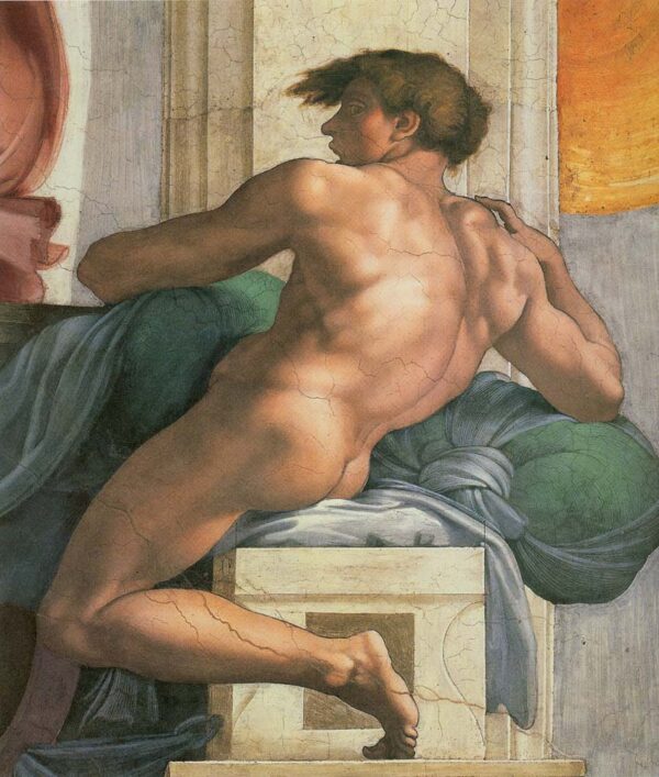 Ignudi next to Separation of Land and the Persian by Michelangelo, hand-painted oil painting reproduction