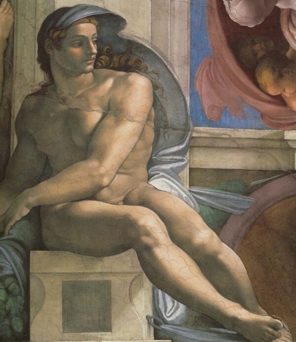 Ignudi next to Separation of Land and the Persian Sybil by Michelangelo, hand-painted oil painting reproduction