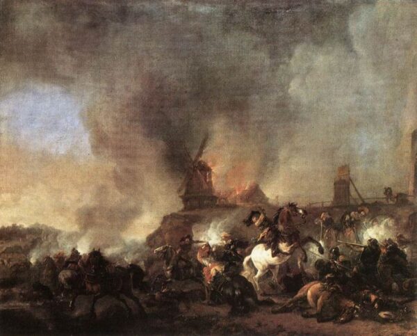 Cavalry Battle in Front of a Burning Mill by Philips Wouwerman, hand-painted oil painting reproduction