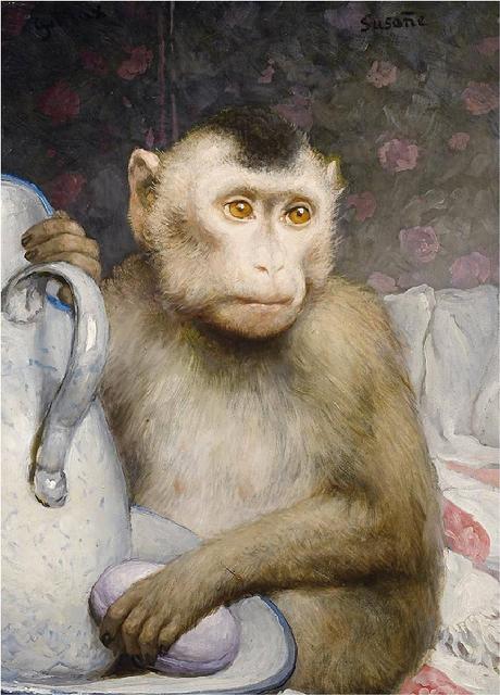 Monkey with Pitcher by Gabriel Cornelius Ritter von Max, hand-painted oil reproduction