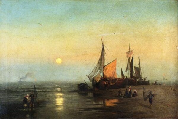 Moonlit Fishing Scene by Hermann Ottomar Herzog, hand-painted oil reproduction