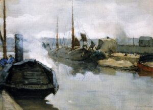 Moored shiips in city harbour by Floris Arntzenius, hand-painted oil painting reproduction