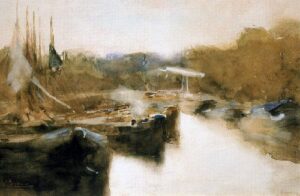 Moored ships in city canal by George Hendrik Breitner, hand-painted oil painting reproduction