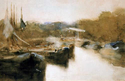 Moored ships in city canal by George Hendrik Breitner, hand-painted oil reproduction