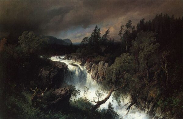 Mountain Landscape and Waterfall by Hermann Ottomar Herzog, hand-painted oil painting reproduction