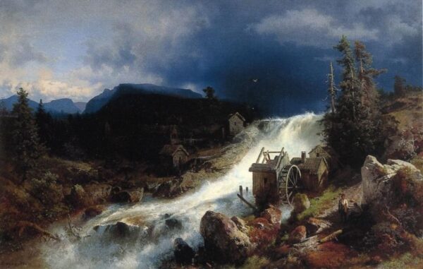 Mountain Landscape with Watermill by Hermann Ottomar Herzog, hand-painted oil painting reproduction