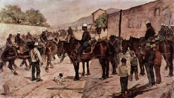 Mounted Artillery Corps in a Village by Giovanni Fattori, hand-painted oil painting reproduction