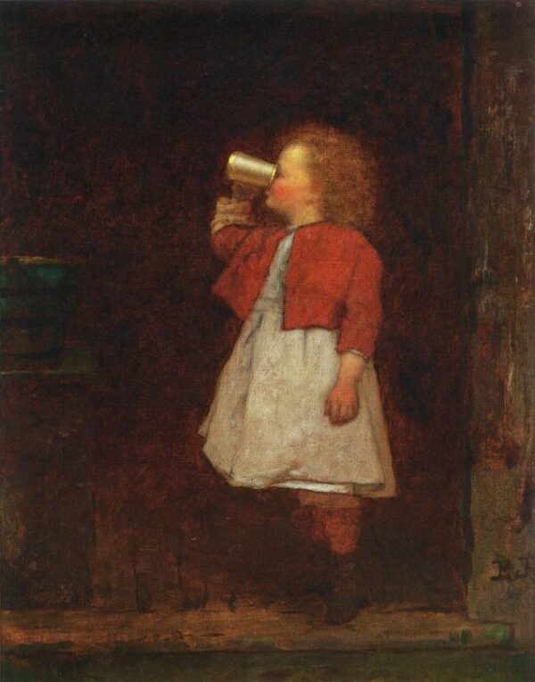 Little Girl with Red Jacket Drinking from Mug by Eastman Johnson, hand-painted oil painting reproduction