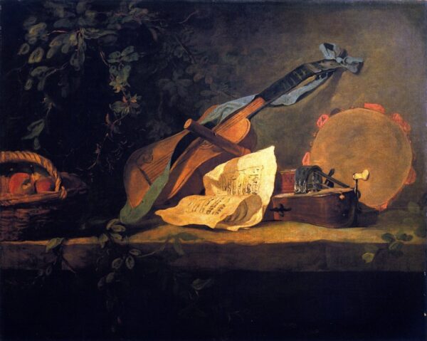 Musical Instruments and Basket of Fruit by Jean-Baptiste-Siméon Chardin, hand-painted oil painting reproduction