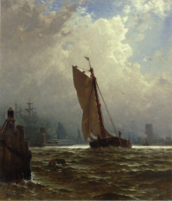 New York Harbor with the Brooklyn Bridge Under Construction by Alfred Thompson Bricher, hand-painted oil painting reproduction