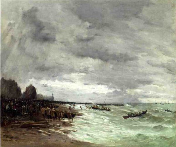 Beaching the Boats at Grandcamps, Normandy by Frank Myers Boggs, hand-painted oil painting reproduction