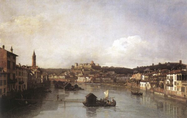 View of Verona and the River Adige from the Ponte Nuovo by Bernardo Bellotto, hand-painted oil painting reproduction