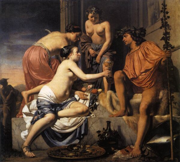 Nymphs Offering the Young Bacchus Wine, Fruit and Flowers by Caesar van Everdingen, hand-painted oil painting reproduction