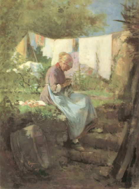 Old Woman Darning by Nicolae Grigorescu, hand-painted oil reproduction