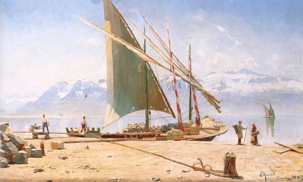 Unloading Stone from a Barge at Ouchy by Peder Mørk Mønsted, hand-painted oil painting reproduction
