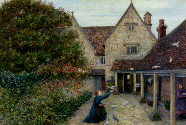 Feeding The Doves At Kelmscott Manor, Oxfordshire by Marie Spartali Stillman, hand-painted oil painting reproduction