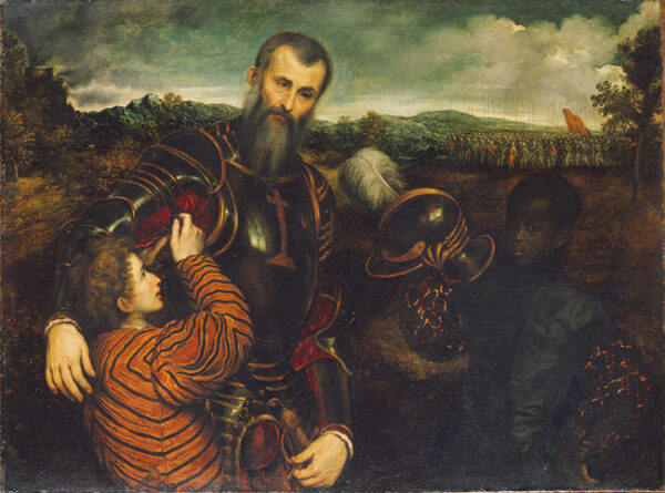 Portrait of a Man in Armor with Two Pages by Paris Bordone, hand-painted oil painting reproduction