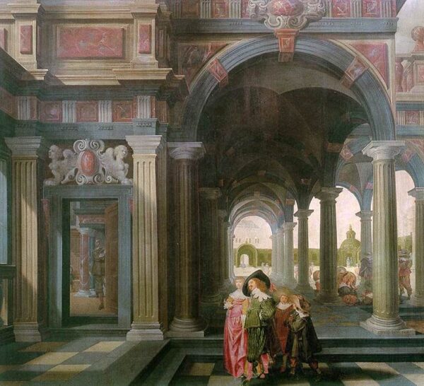 Palace Courtyard with Figures by Dirck van Delen, hand-painted oil painting reproduction