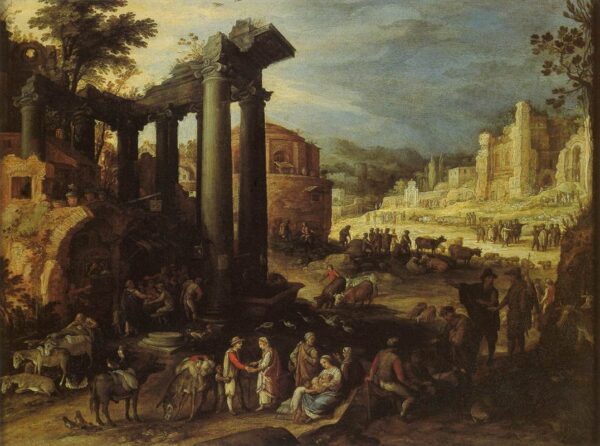 The Campo Vaccino with a Gypsy Woman Reading a Palm by Paul Bril, hand-painted oil painting reproduction