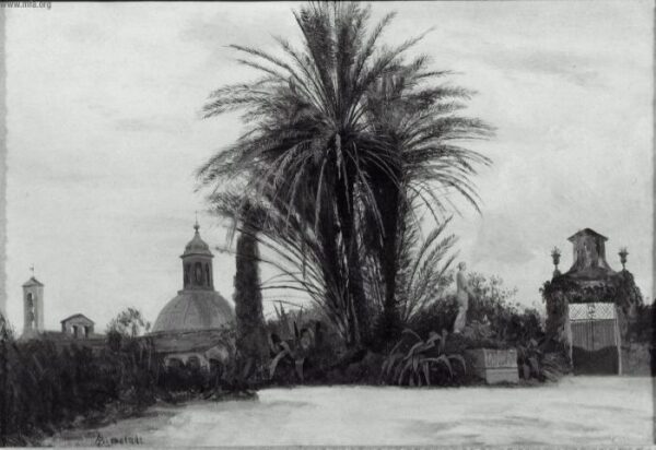 Palm Trees With A Domed Church by Albert Bierstadt, hand-painted oil painting reproduction