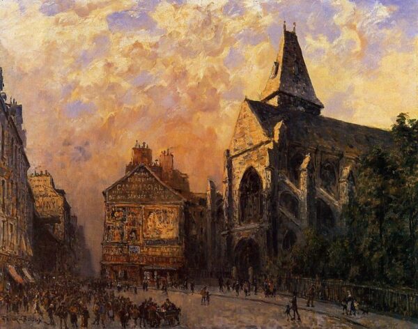 Scene of a Street in front of the Church of Saint-Medard, Paris by Frank Myers Boggs, hand-painted oil painting reproduction