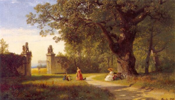 Parklandskap Med Figurer by Hans Gude, hand-painted oil painting reproduction