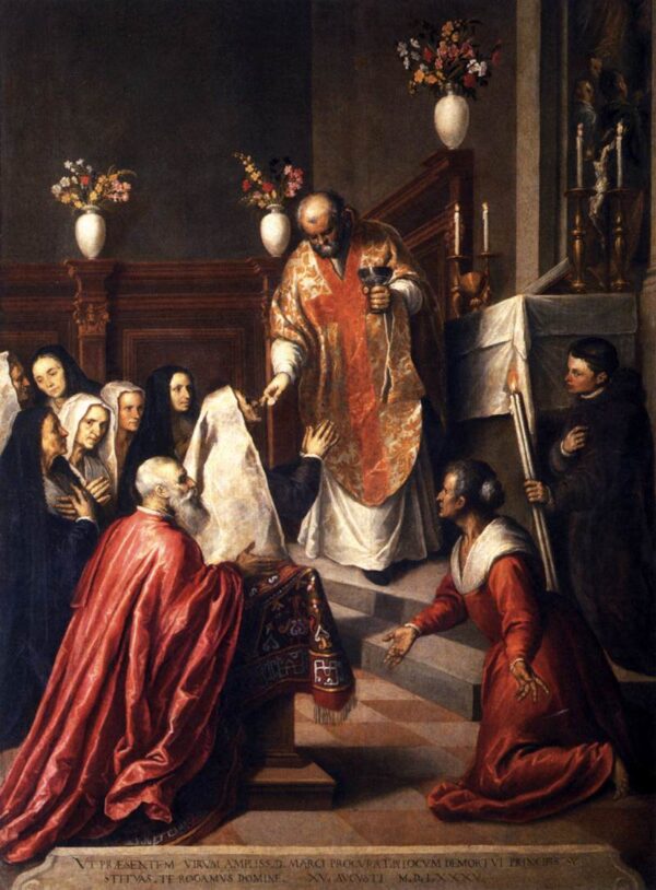 Pasquale Cicogna Hearing Mass by Palma il Giovane, hand-painted oil painting reproduction