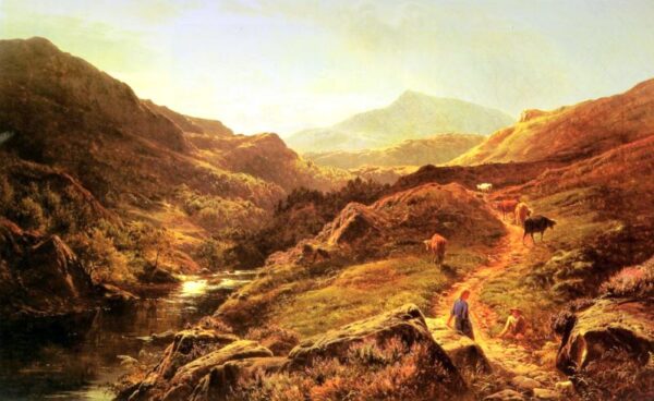 Moel Siabod from Glyn Lledr, with Figures and Cattle on a Riverside Path by Sidney Richard Percy, hand-painted oil painting reproduction