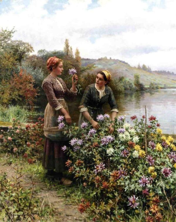 Peasant Girls in Flower Garden by Daniel Ridgway Knight, hand-painted oil painting reproduction