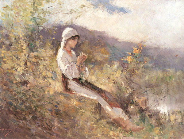 Peasant Woman Sitting on the Grass by Nicolae Grigorescu, hand-painted oil painting reproduction