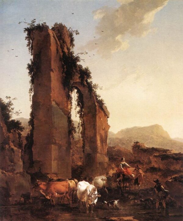 Peasants with Cattle by a Ruined Aqueduct by Nicolaes Berchem, hand-painted oil painting reproduction