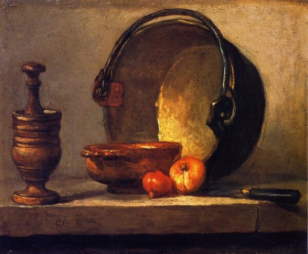 Pestle and Mortar Bowl Two Onions Copper Pot and Kettl by Jean-Baptiste-Siméon Chardin, hand-painted oil painting reproduction