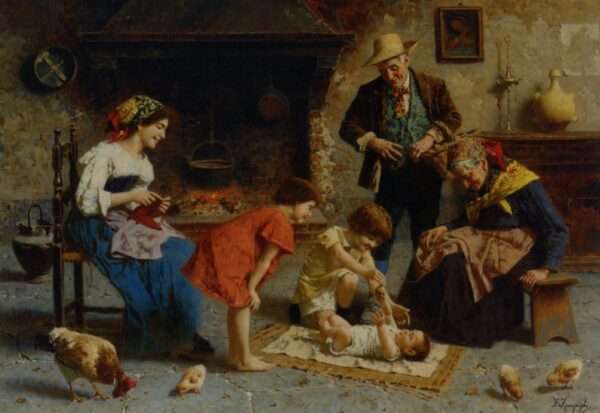 Playing with Baby by Eugenio Zampighi, hand-painted oil painting reproduction
