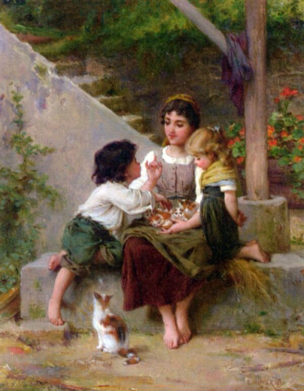 Playing with the Kittens by Émile Munier, hand-painted oil painting reproduction