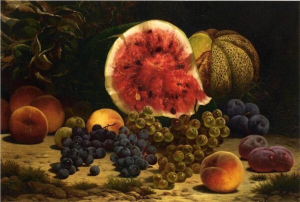 Still Life with Watermelon, Grapes, Peaches, and Plums by William Mason Brown, hand-painted oil painting reproduction