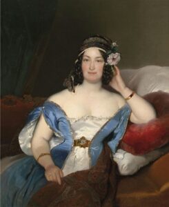 Portrait of a lady with richly decorated head dress and roses in her hair by Friedrich von Amerling, hand-painted oil painting reproduction