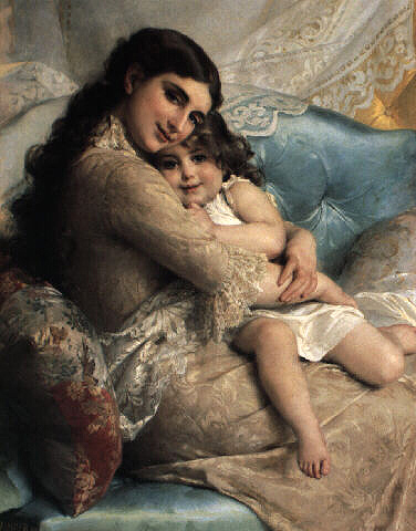 Portrait of a Mother and Daughter by Émile Munier, hand-painted oil reproduction