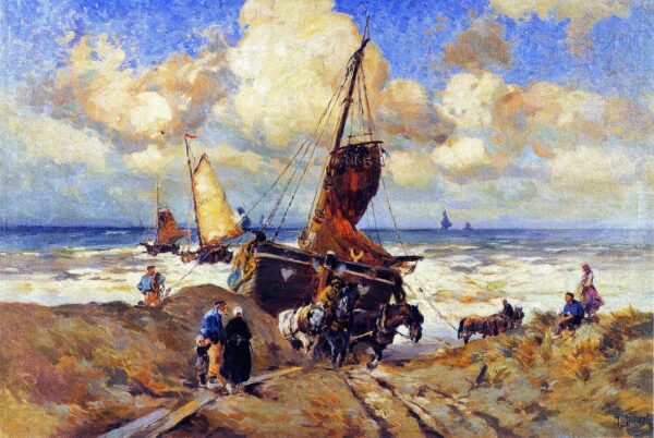 Pulling a Boat to Shore by Mathias J Alten, hand-painted oil painting reproduction